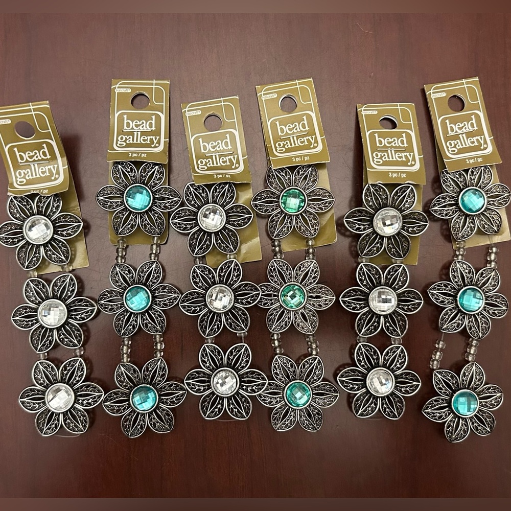 Lot of 6 Sets of 3 Bead Gallery Antique Silver-Tone Flower Beads With Stones